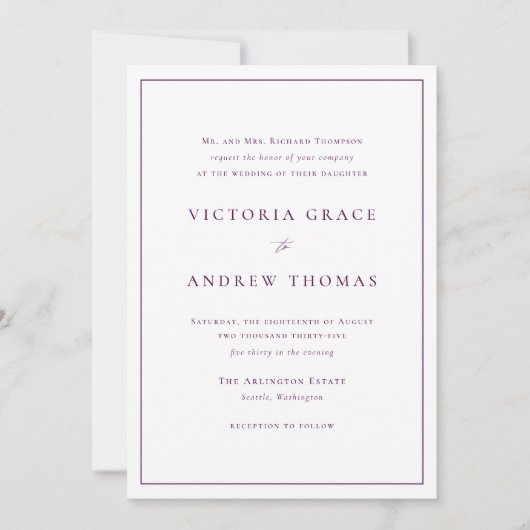 Invitation Typographie simple violet Mariage officiel (Devant)