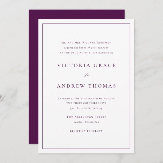 Invitation Typographie simple violet Mariage officiel (Devant / Derrière)