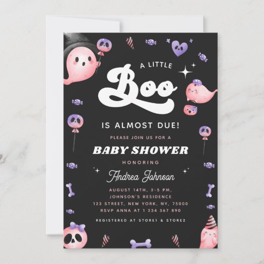 Invitation Typographie super et Baby shower Fille Fantôme Ros (Devant)