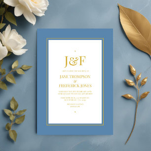 Invitation Typographie tendance Dusty Mariage bleu et or