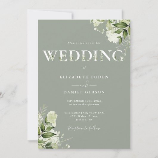 Invitation Typographie verte QR Code Sage Mariage vert (Devant)