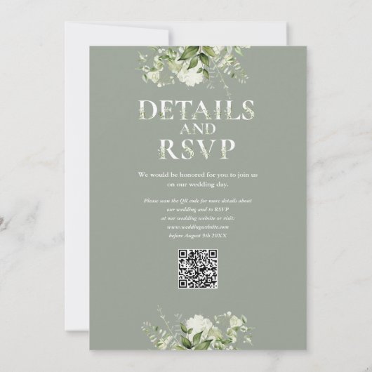Invitation Typographie verte QR Code Sage Mariage vert (Dos)