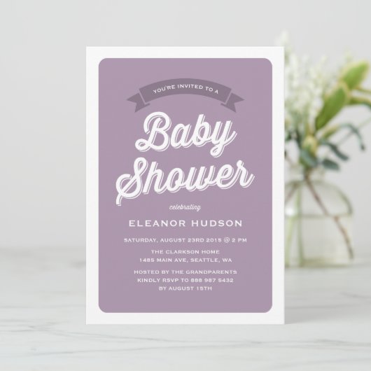 Invitation Typographie violet rétro Script Baby shower classi (Debout devant)
