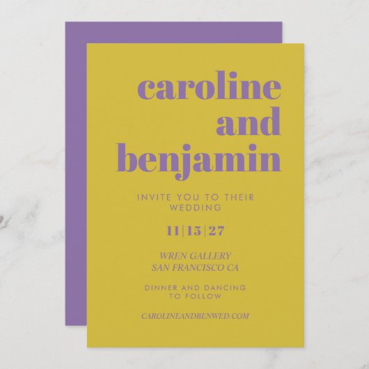 Invitation Typographie violette et jaune Gras Mariage moderne (Devant / Derrière)