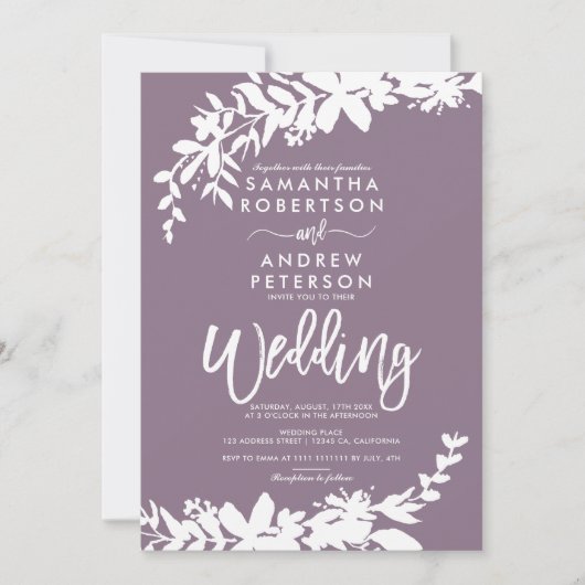 Invitation Typographie violette Floral blanc mariage (Devant)