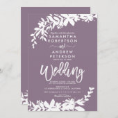 Invitation Typographie violette Floral blanc mariage (Devant / Derrière)
