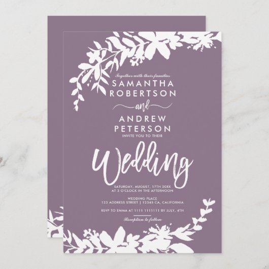 Invitation Typographie violette Floral blanc mariage (Devant / Derrière)