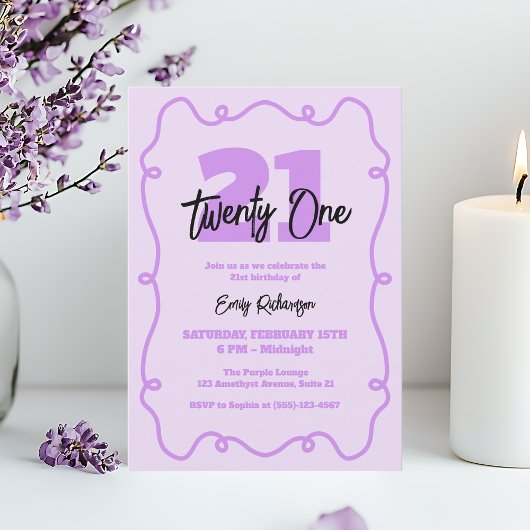 Invitation Typographie violette Simple Chic 21ème anniversair