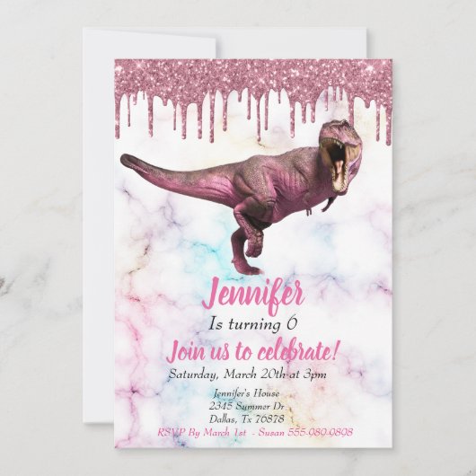 Invitation Tyrannosaurus Parties scintillant rose dinosaure p (Devant)