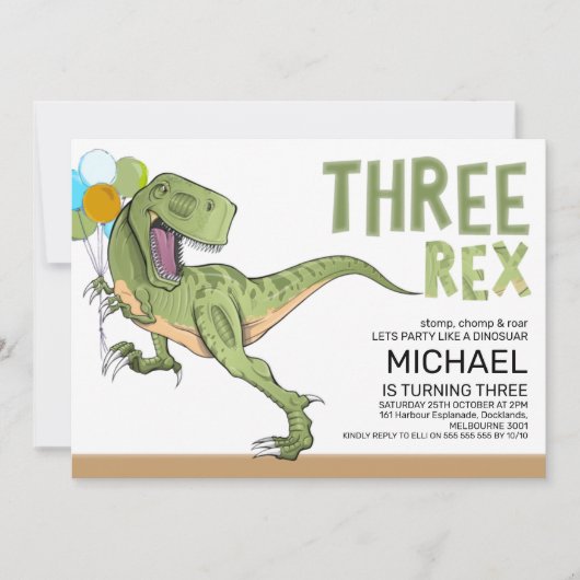Invitation Tyrannosaurus Trois Rex Dinosaure 3e Anniversaire (Devant)