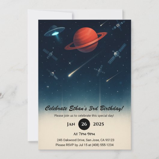 Invitation UFO & Space Station Galaxy Illustration Birthday (Devant)