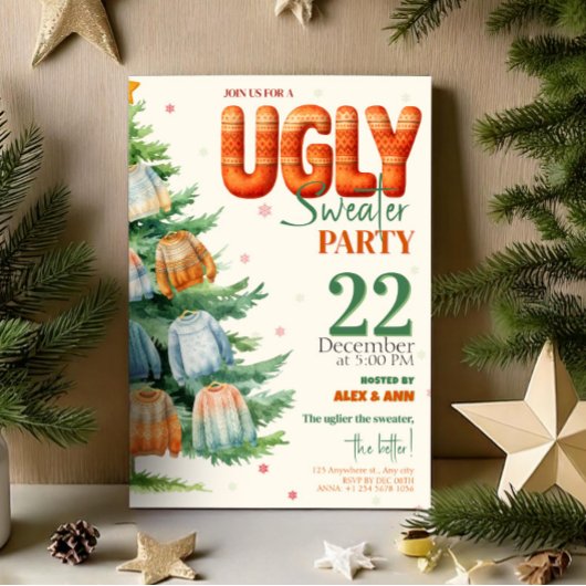 Invitation Ugly Sweater Christmas Party Cozy Watercolor