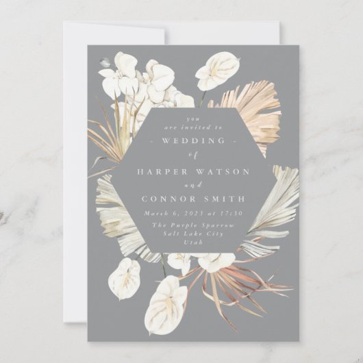 Invitation Ultimate Pampas Grass Floral Tropical Grey Mariage (Devant)