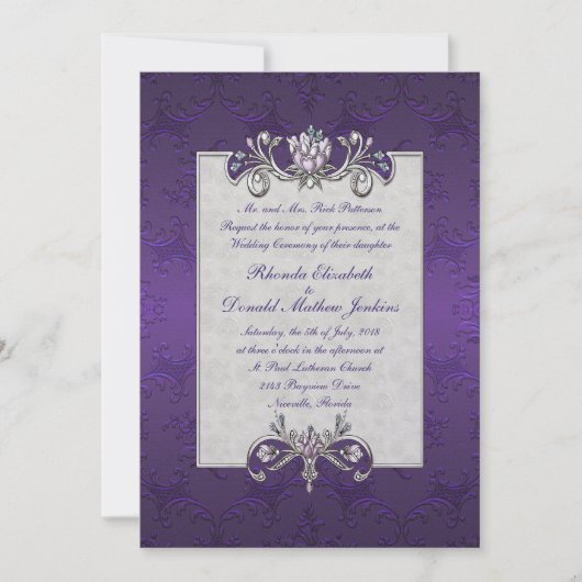Invitation ultra-violette de mariage damassé (Devant)
