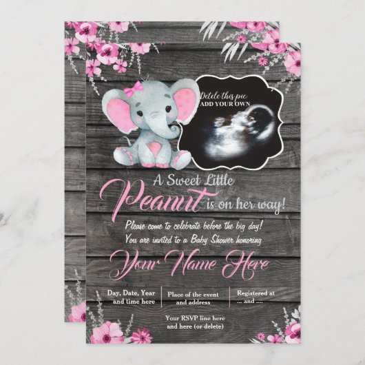 Invitation Ultrasound Baby shower éléphant Invitation, rustiq (Devant / Derrière)