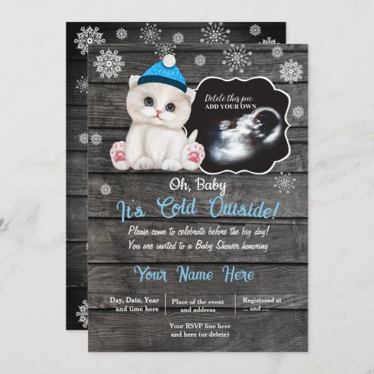 Invitation Ultrasound Hiver Chat Kitten Baby shower (Devant / Derrière)