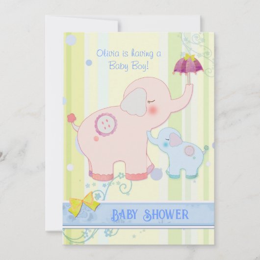 Invitation Umbrella Elephants Baby Boy Baby shower (Devant)