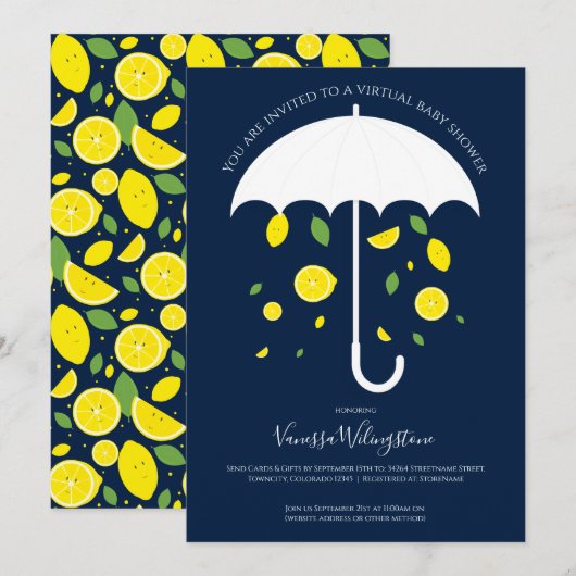 Invitation Umbrella Lemons Blue White Baby shower virtuel (Devant / Derrière)