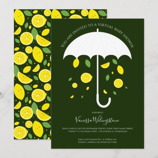 Invitation Umbrella Lemons Green Cartoon Baby shower virtuel (Devant / Derrière)