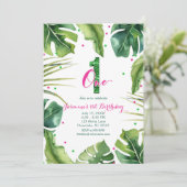 Invitation UN 1 1er Anniversaire Feuilles Tropicales Rose Ver (Debout devant)