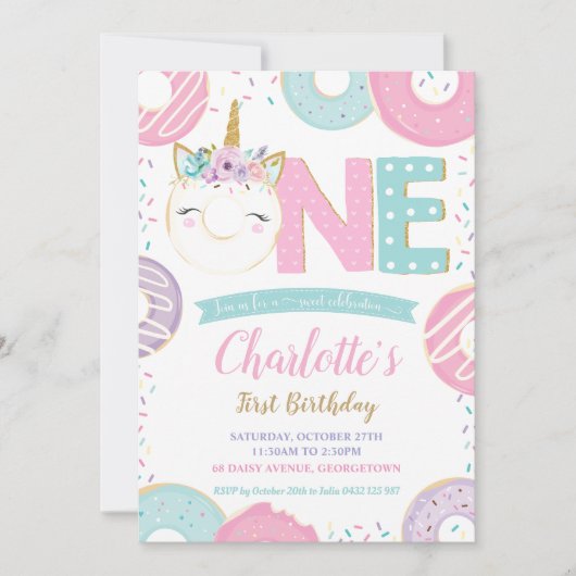Invitation Un 1er anniversaire Unicorn Donuts Doughnut Pastel (Devant)