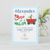 Invitation Un à Melon Blue Cute Bateau Tappage Jouet 1er Anni (Debout devant)