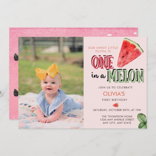 Invitation Un à Melon | Pastèque | 1er anniversaire (Devant / Derrière)