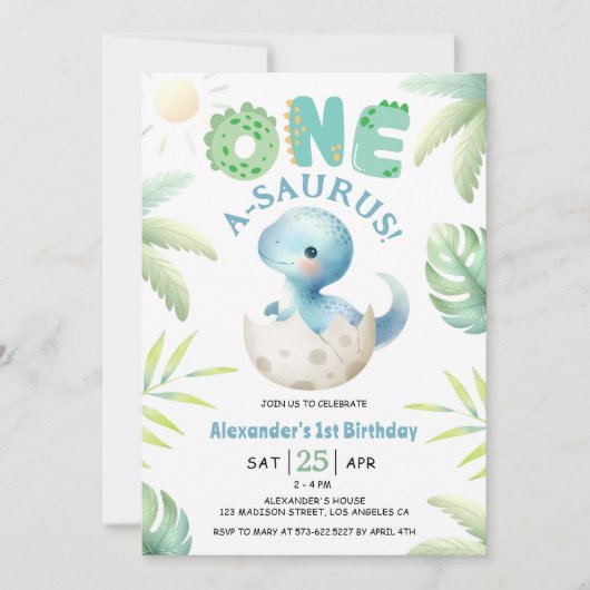 Invitation Un A-Saurus Boy Dinosaur 1er Anniversaire Invitati (Devant)