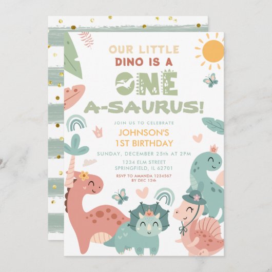 Invitation Un A-saurus Dinosaur fête d'anniversaire pour enfa (Devant / Derrière)