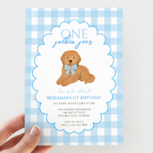Invitation Un an d'or Bleu Gingham 1er Anniversaire Chiot