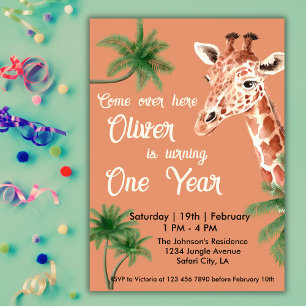 Invitation Un an sauvage Safari Animaux Giraf 1er anniversair