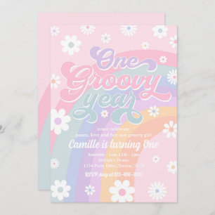 Invitation Un an Super Retro Daisy Rose Rainbow Anniversaire