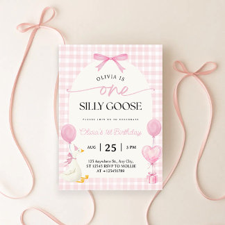 Invitation Un Anniversaire de 1 an Silly Goose Bleu Gingham R