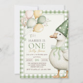 Invitation Un anniversaire de 1 an Silly Goose vert Gingham (Devant)