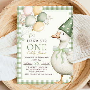Invitation Un anniversaire de 1 an Silly Goose vert Gingham