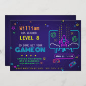 Invitation Un Anniversaire de enfant de jeu Neon Retro (Devant / Derrière)