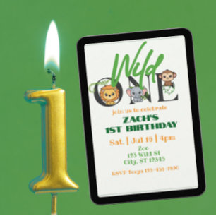 Invitation Un anniversaire minimal Lion Éléphant Singe 1ère a