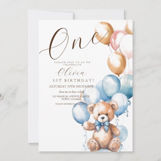 Invitation Un Anniversaire Ours Ballons Script Photo Annivers (Devant)