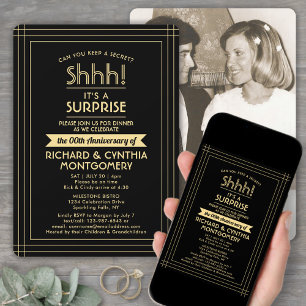 Invitation Un Anniversaire photo Surprise Party Black & Gold