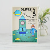 Invitation Un astronaute à la Moon Rocket Anniversaire de enf (Debout devant)