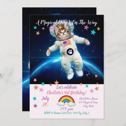 Invitation Un astronaute de chat dans l'espace (Devant / Derrière)