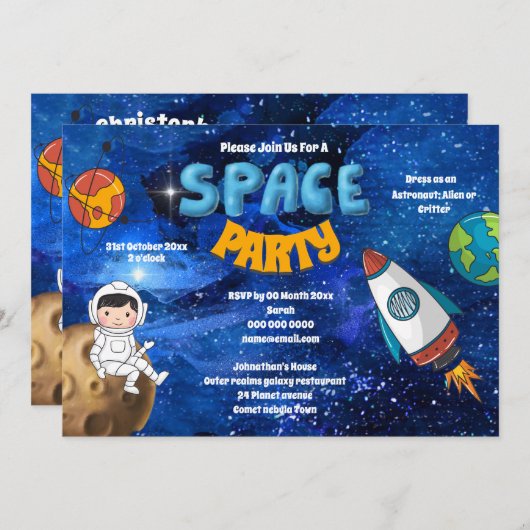 Invitation Un astronaute mignon dans l'espace avec des planèt (Devant / Derrière)