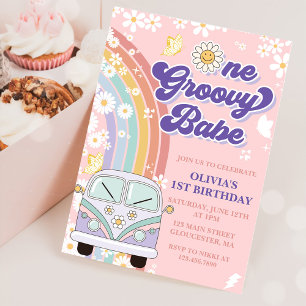 Invitation Un Babe Retro Super Arc-en-ciel 1er anniversaire