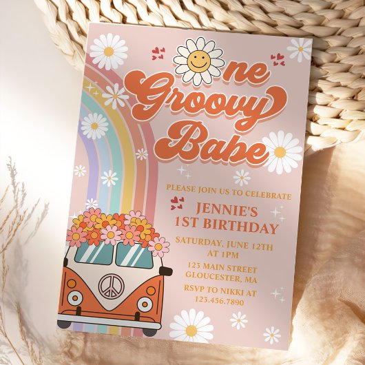 Invitation Un Babe Retro Super Arc-en-ciel 1er anniversaire