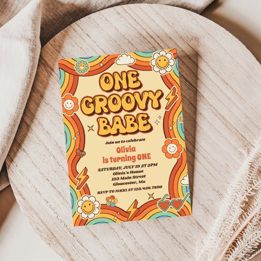 Invitation Un Babe Retro Super Rainbow 1er anniversaire