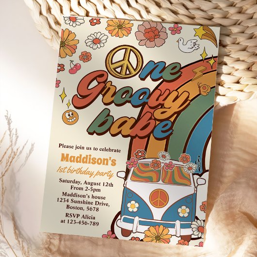 Invitation Un Babe Retro Super Rainbow 1er anniversaire