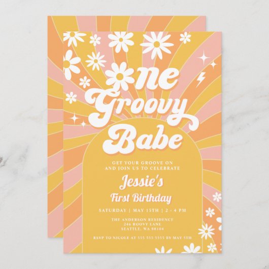 Invitation Un Babe Rose Daisy Super Sunshine 1er anniversaire (Devant / Derrière)