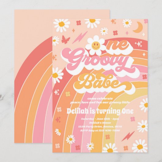 Invitation Un Babe Super Peace Love Party Rainbow Birthday (Devant / Derrière)