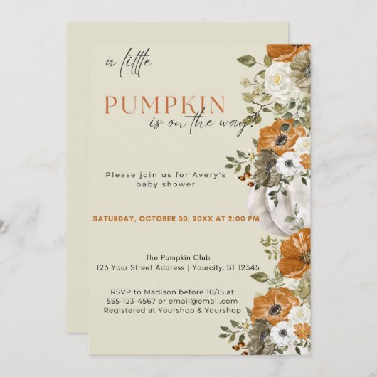 Invitation Un Baby shower Automne Un Peu Citrouille | Neutre  (Devant / Derrière)