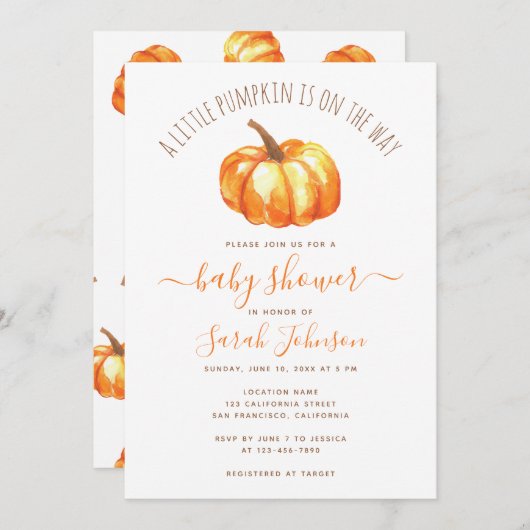 Invitation Un Baby shower D'Automne Un Peu Citrouille (Devant / Derrière)